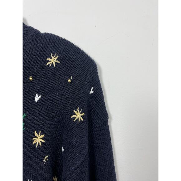 Vtg Panther Ugly Christmas Sweater Black Gold Bows Holiday Holly Medium Green - Picture 6 of 7